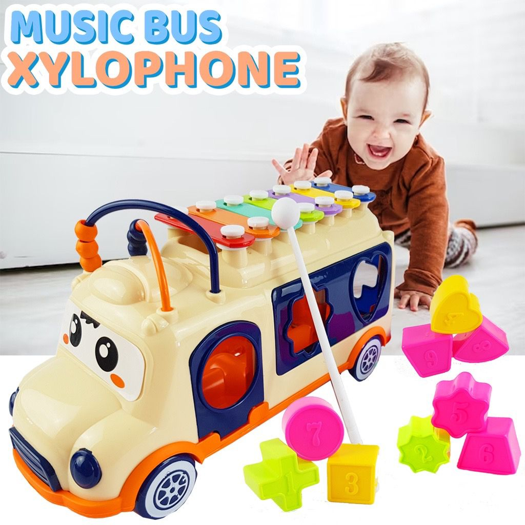 TokoPapin Mainan Edukasi Anak Bayi Mobil Bus Puzzle Musik Xylophone Block Bentuk Kolintang Mobil Mobilan