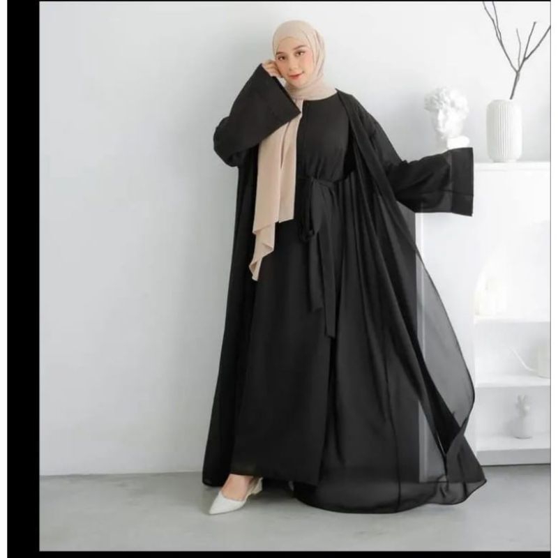 TERLARIS GAMIS ABAYA OUTER SET ABAYA SAR'I ABAYA SET OUTER VIRAL-Hitam set outer iner