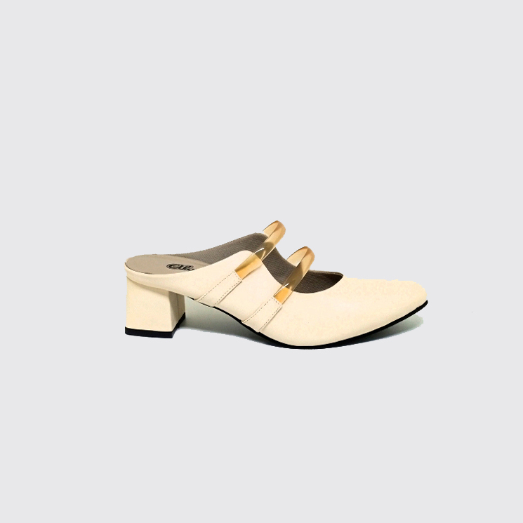 SHELIA MULES - Sepatu Sandal Heels Wanita (Ukuran Besar Kaki Jumbo) Sendal Bustong Pesta Formal Krem Cantik Unik Big Size