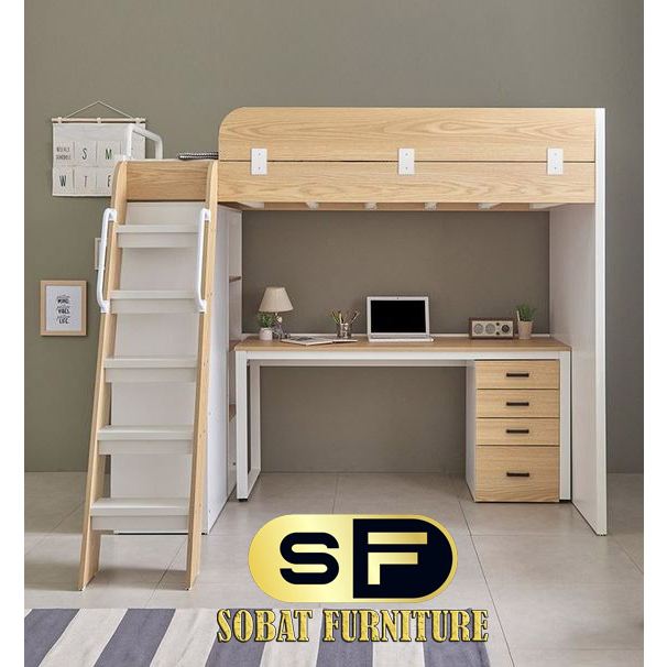 Tempat Tidur Tingkat Kayu Jati Solid dengan Lemari Rak + Meja Belajar
