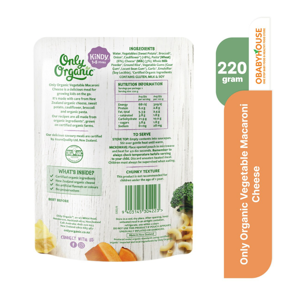 Only Organic Vegetable Macaroni Cheese Kindy 1-5 Years 220 gr