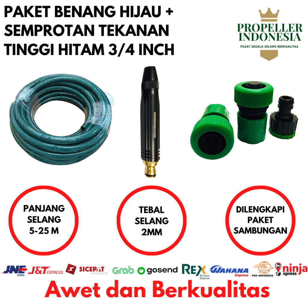 Selang Air 3/4 Inch Benang Hijau Anti Lumut Paket Semprotan Air Hitam Lurus Slang Air Cuci Mobil Cuci Motor