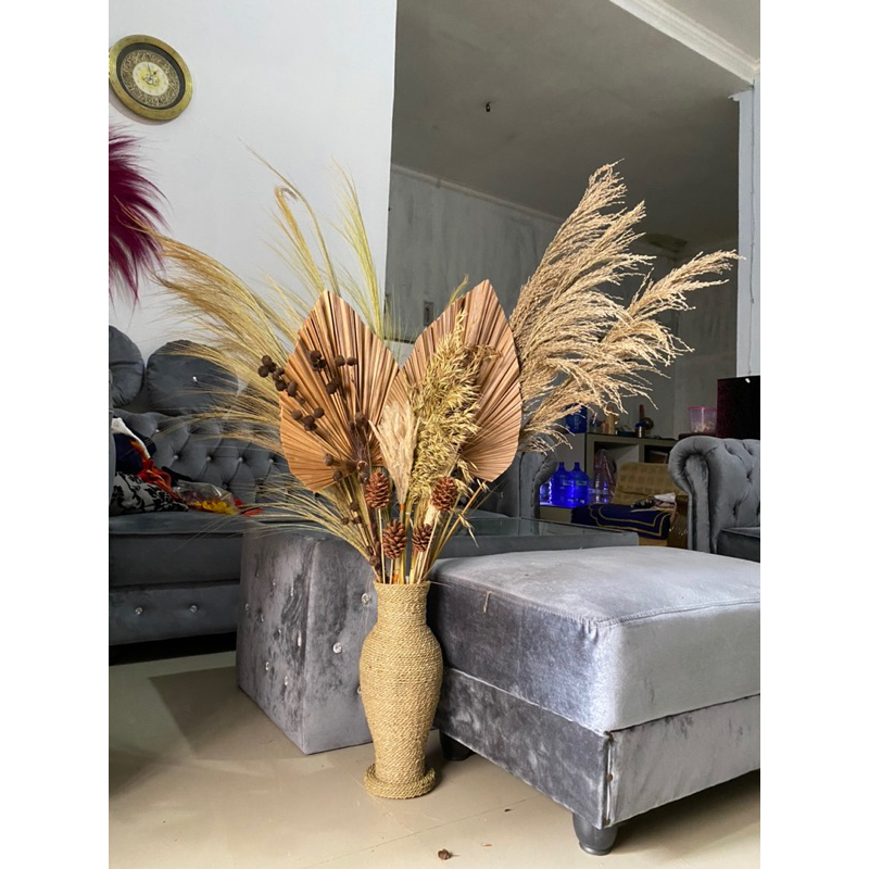 Paket Bunga Kering dan Pot Guci Tinggi 50cm / Daun Palem Kering / Bunga Kering / Pampas / Rayung /