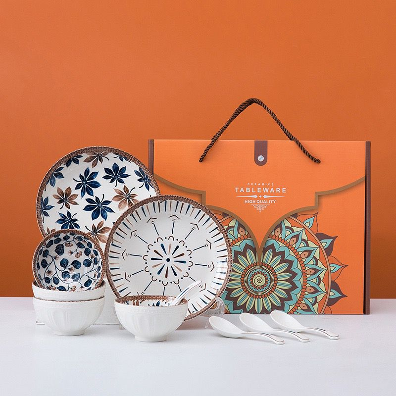 ( GARANSI PECAH )mangkok set + piring keramik tebal cocok buat hamper udah termasuk box Motif Baru