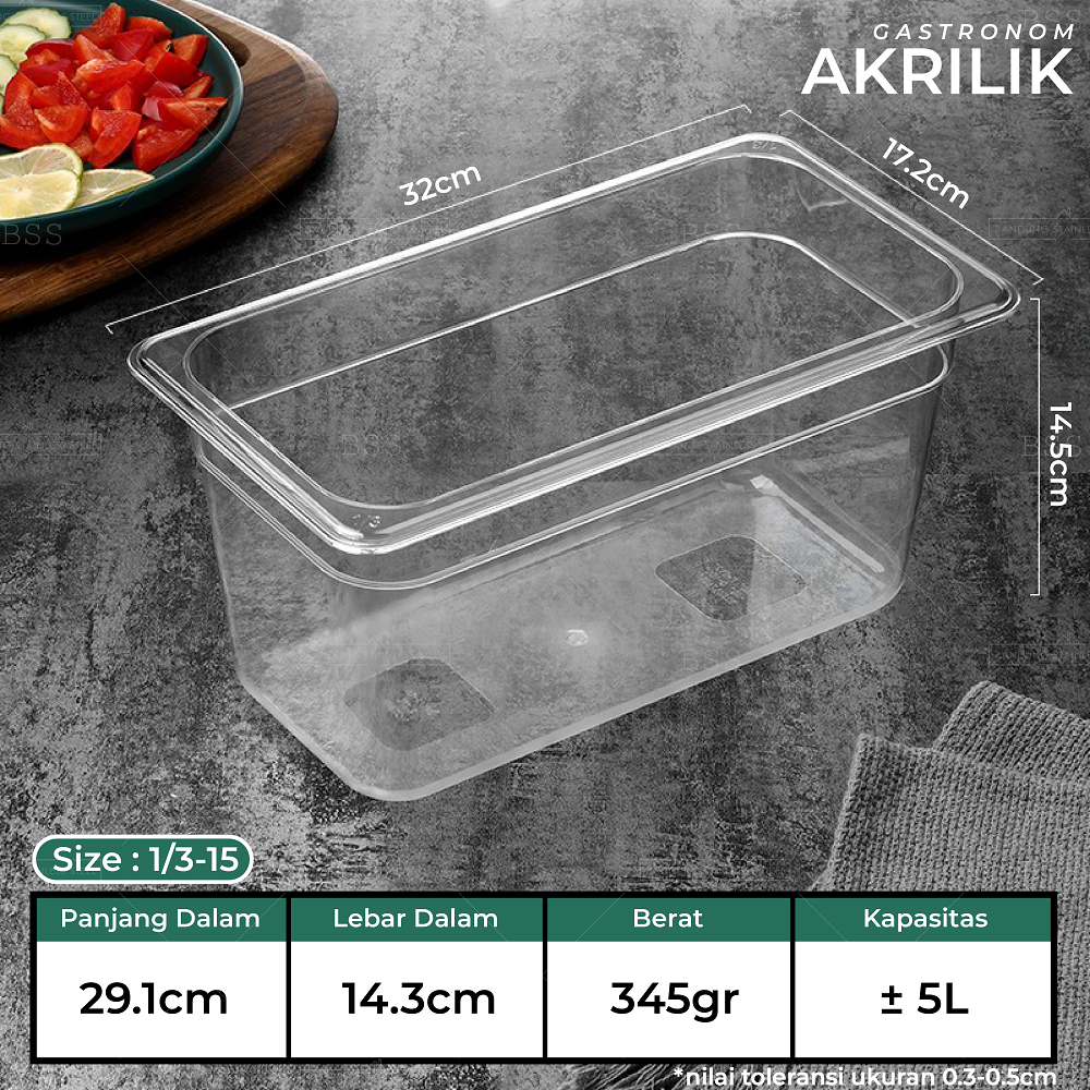 Gastronom Akrilik Food Pan 1/3/15 Kedalaman 15cm Wadah Penyimpanan Sayur Buah Daging Makanan Tempat Saji Prasmanan Multifungsi