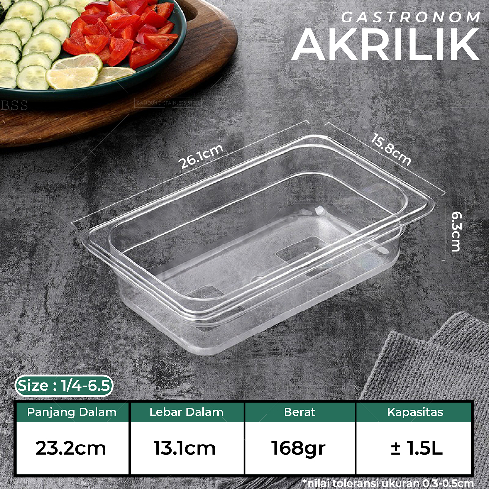 Gastronom Akrilik Food Pan 1/4/6 Kedalaman 6.5cm Wadah Penyimpanan Sayur Buah Daging Makanan Tempat Saji Prasmanan Multifungsi