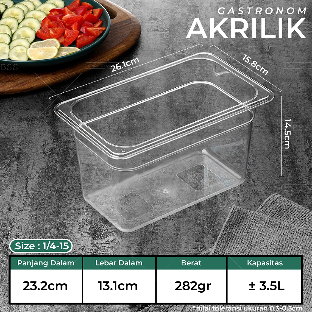 Gastronom Akrilik Food Pan 1/4/15 Kedalaman 15cm Wadah Penyimpanan Sayur Buah Daging Makanan Tempat Saji Prasmanan Multifungsi