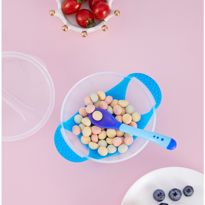Mangkok + Sendok Makan Bayi Sensor Panas / Mangkuk Tempat Makan Bayi Anti Tumpah - SET MANGKOK MAKAN ANAK BAHAN SILIKON (BPA FREE)