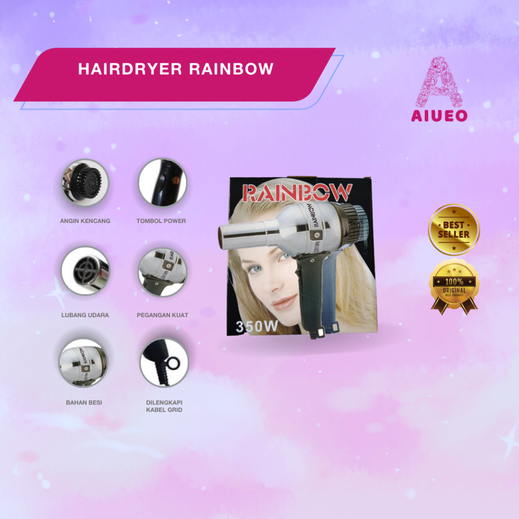 Hair Dryer Low Watt AIUEO Rainbow Alat Mengeringkan Rambut 350 Watt Hairdryer Hewan - Hair Dryer Travel