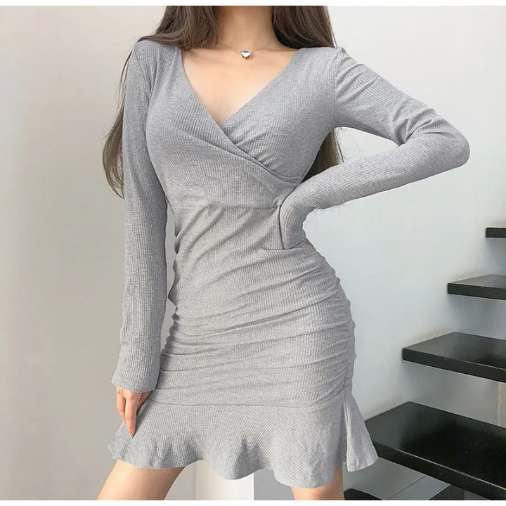 Korean Mini Dress Vneck Body Con Lengan Panjang 1577 (S/M/L/XL)