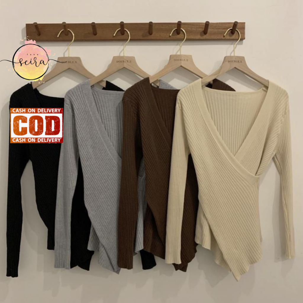 Knitwear Wrap Rajut Wanita Lengan Panjang Atasan