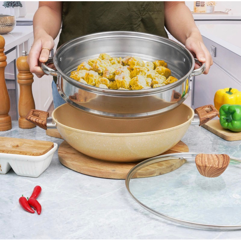 [LEBIH MURAH] PERO BUNDLING WOK 32CM with LID + STEAMER / DANDANG STEAMER 2 IN 1 dng TUTUP