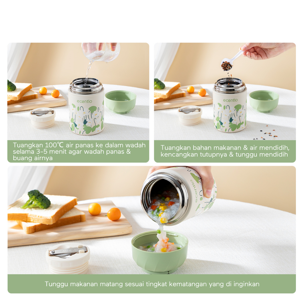 ecentio Stainless Steel Food Jar 24JAM Termos Stainless Steel 316 Lunch Jar 500Ml Tempat Makan Bayi with Sendok Kado