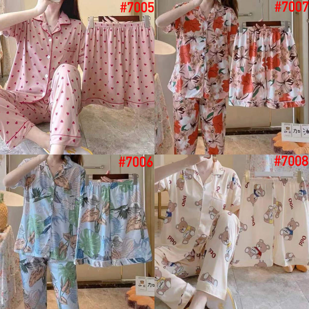 Piyama Baju Tidur Wanita Leisure Wear 3in1 Import Korea Fashion Kerah Kancing Lengan Pendek