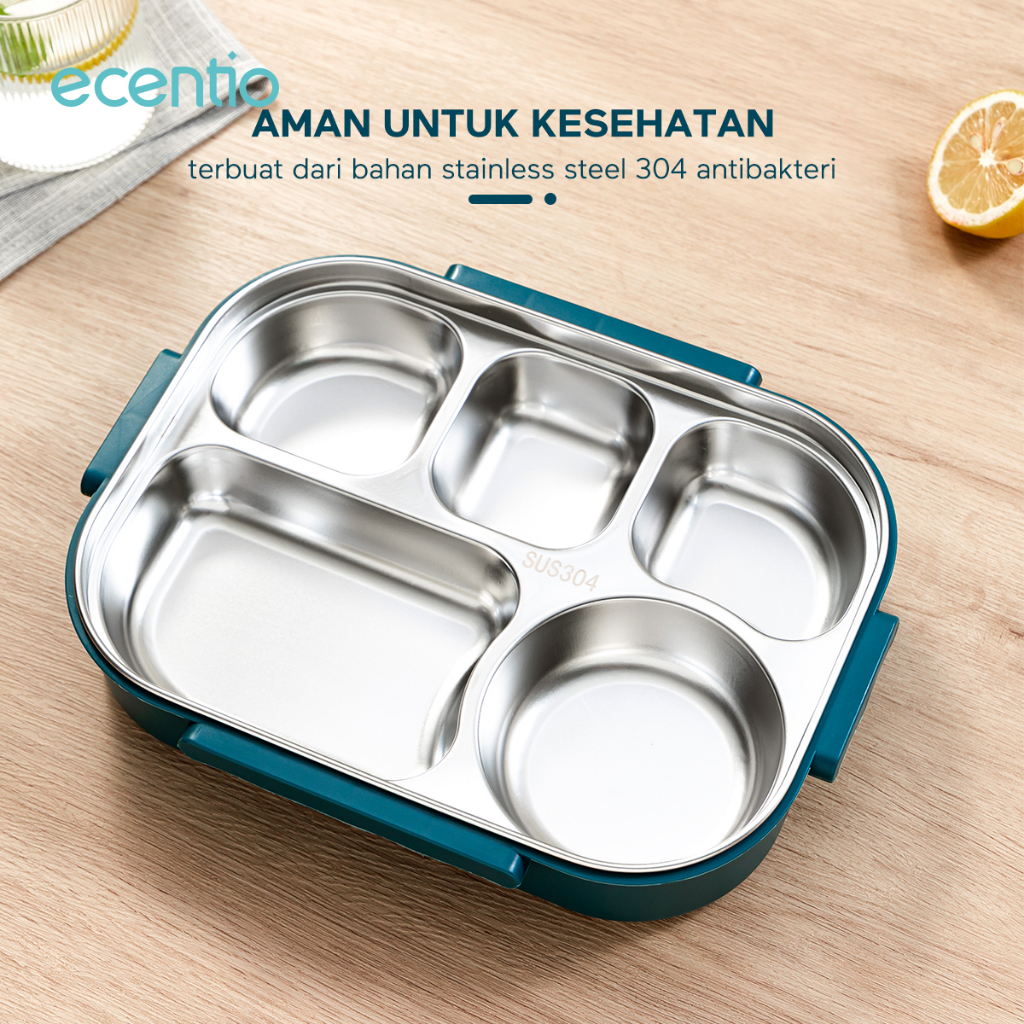 ecentio &amp; FOODI  lunch box stainless 5 sekat 304 anti tumpah 1000ml food grade microwavable dan 200ml mangkok sup/free sedotan