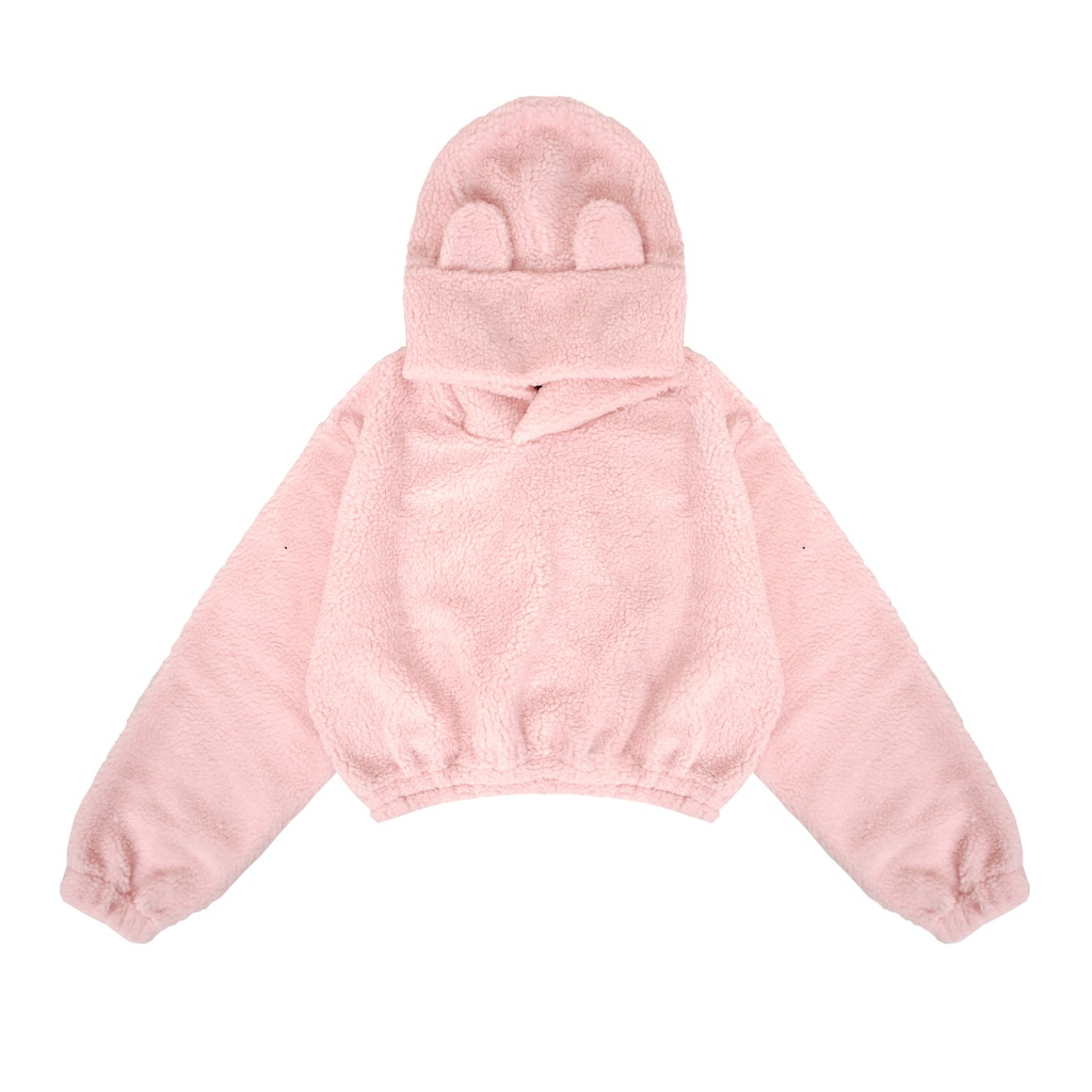INDO - Jaket Sherpa Crop Hoodie Wanita Viral | Sherpa Jacket Crop Wanita Bear Jaket Bulu Pink