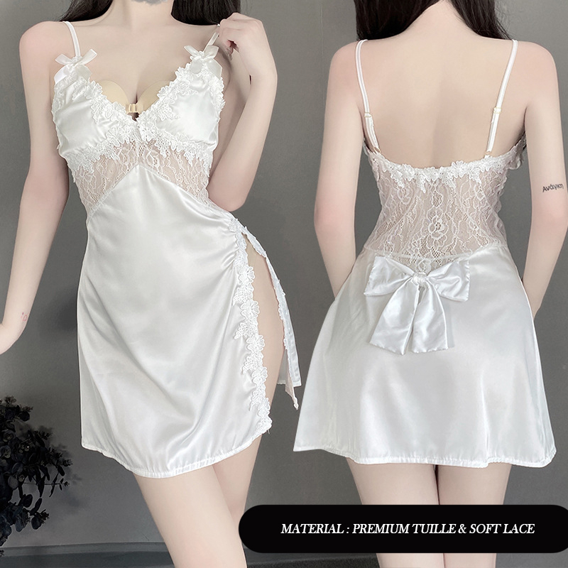 Sexy Lingerie Satin Silk Baju Tidur Import Seksi Mini Lace Dress Bow-knot SX2533