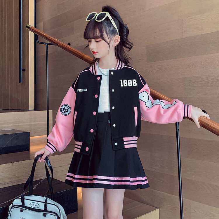 SSP26-Setelan Set Anak Remaja Besar Tanggung Perempuan High School Style Bomber Jacket + Mini Skirt