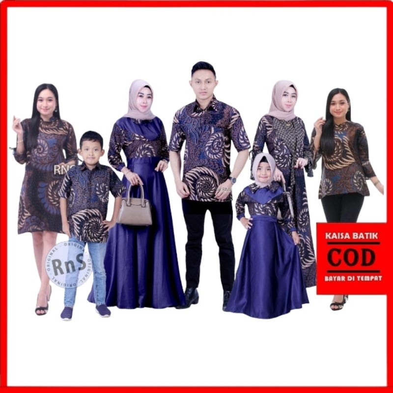 Baju batik couple gamis lebaran keluarga bahan katun adem dan nyaman di pakai untuk pesta kondangan bapak ibu anak cowok cewek modern warna biru navy