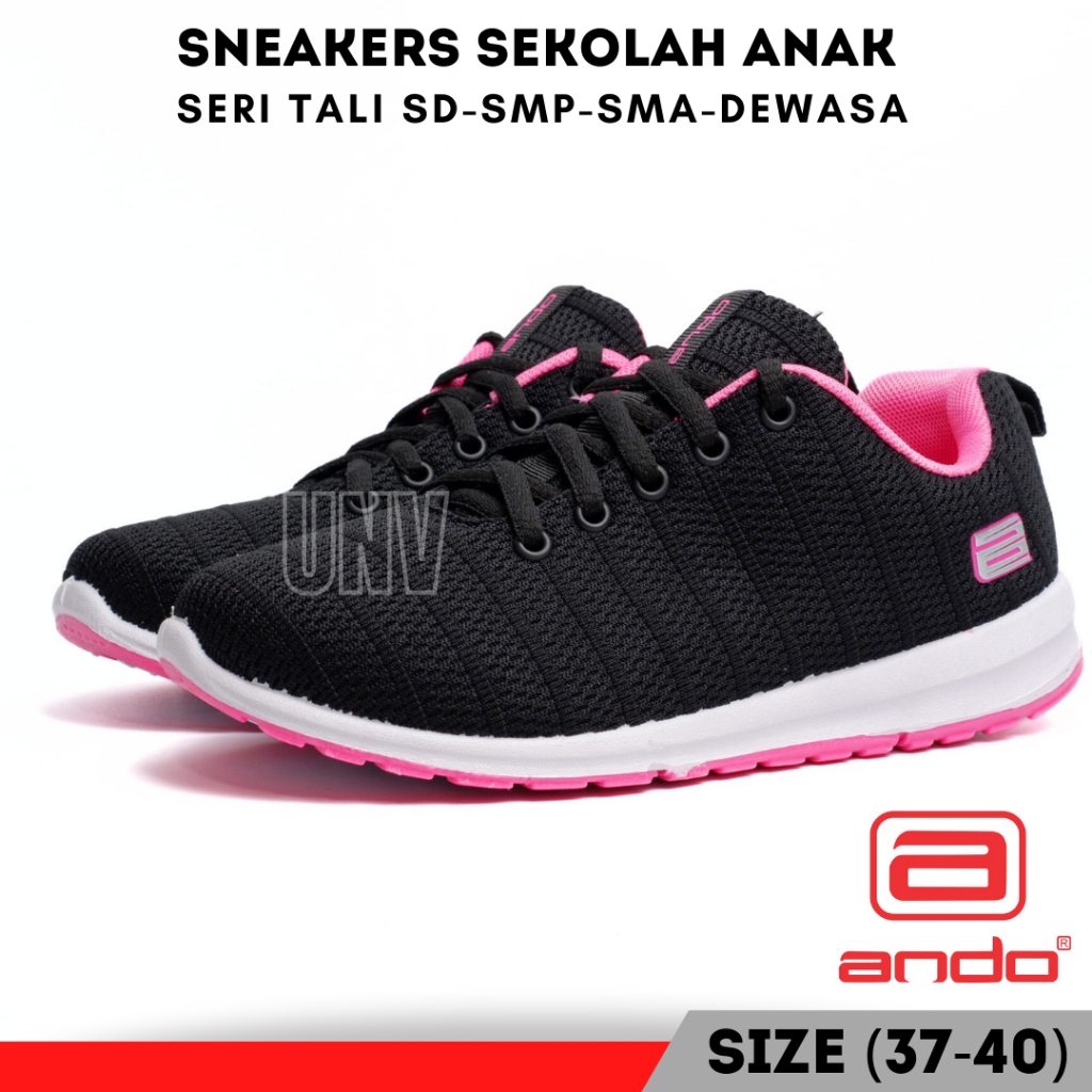 Sepatu Sekolah Anak Perempuan Ando Hitam Pink Polos Kets Spatu Tali Perempuan Skolah SD SMP SMA Dewasa Size 37 38 39 40