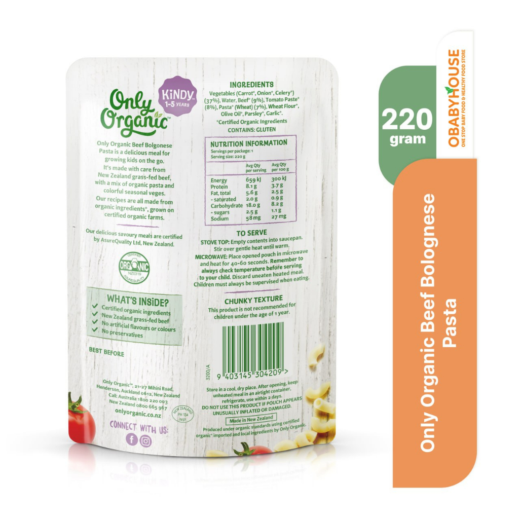 Only Organic Beef Bolognese Pasta Kindy 1-5 Years 220 g