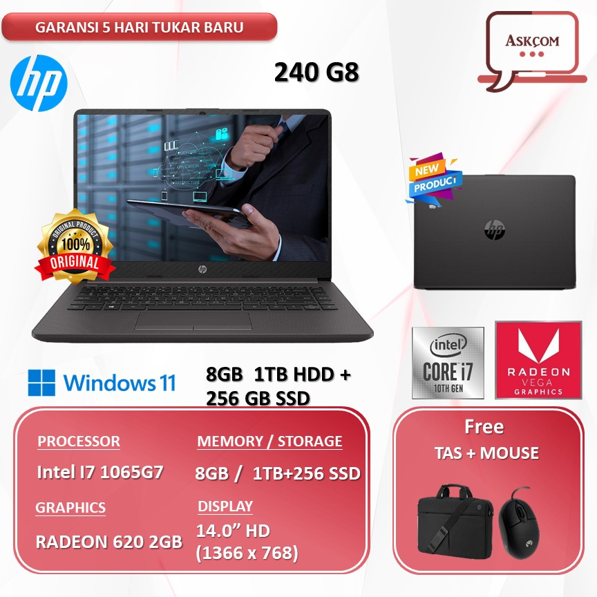 Laptop HP 240 G8 RADEON 620 2GB I7 1065G7 8GB 1TB+256GB SSD W10PRO 14.0 SLIM BEZEL
