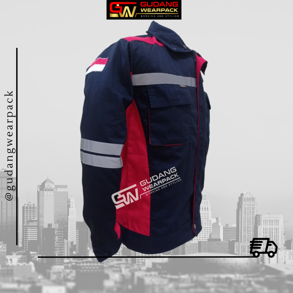 Gudang Wearpack - Baju Kerja Seragam Proyek SemiJaket Warna Dongker Lis Merah