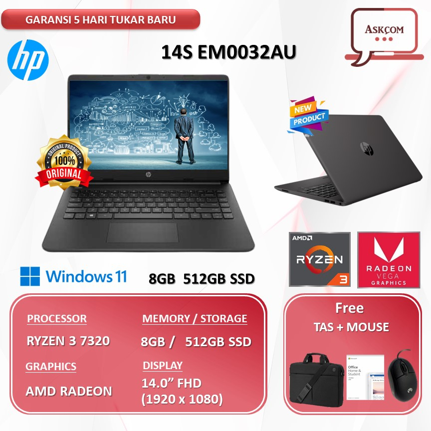 Laptop HP 14S EM0032AU RYZEN 3 7320 8GB 512GB SSD RADEON W11 OHS2021 14.0FHD