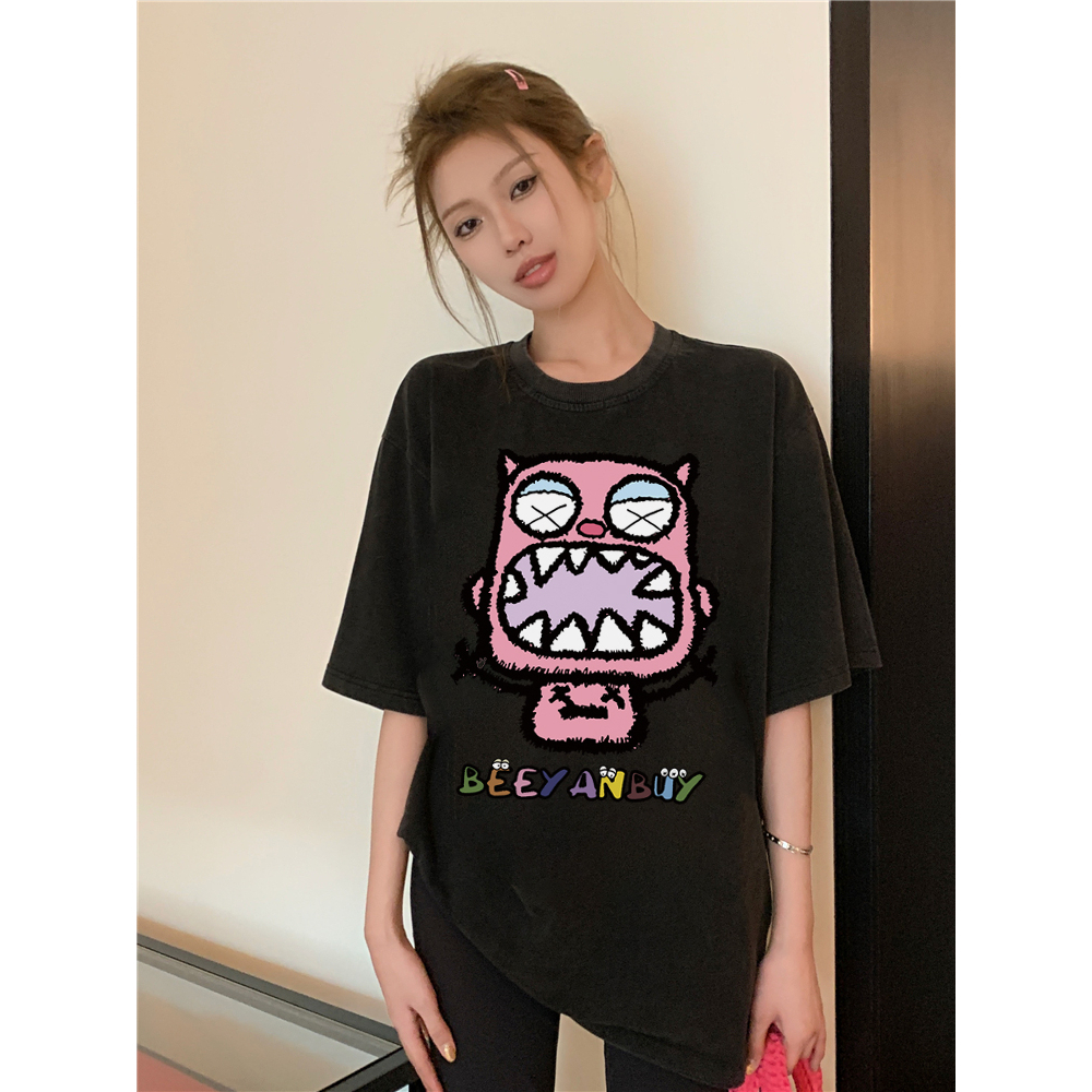 XiaoZhaiNv Kaos Atasan Oversize Wanita Pink little devil  Pattern Lengan Pendek A0918