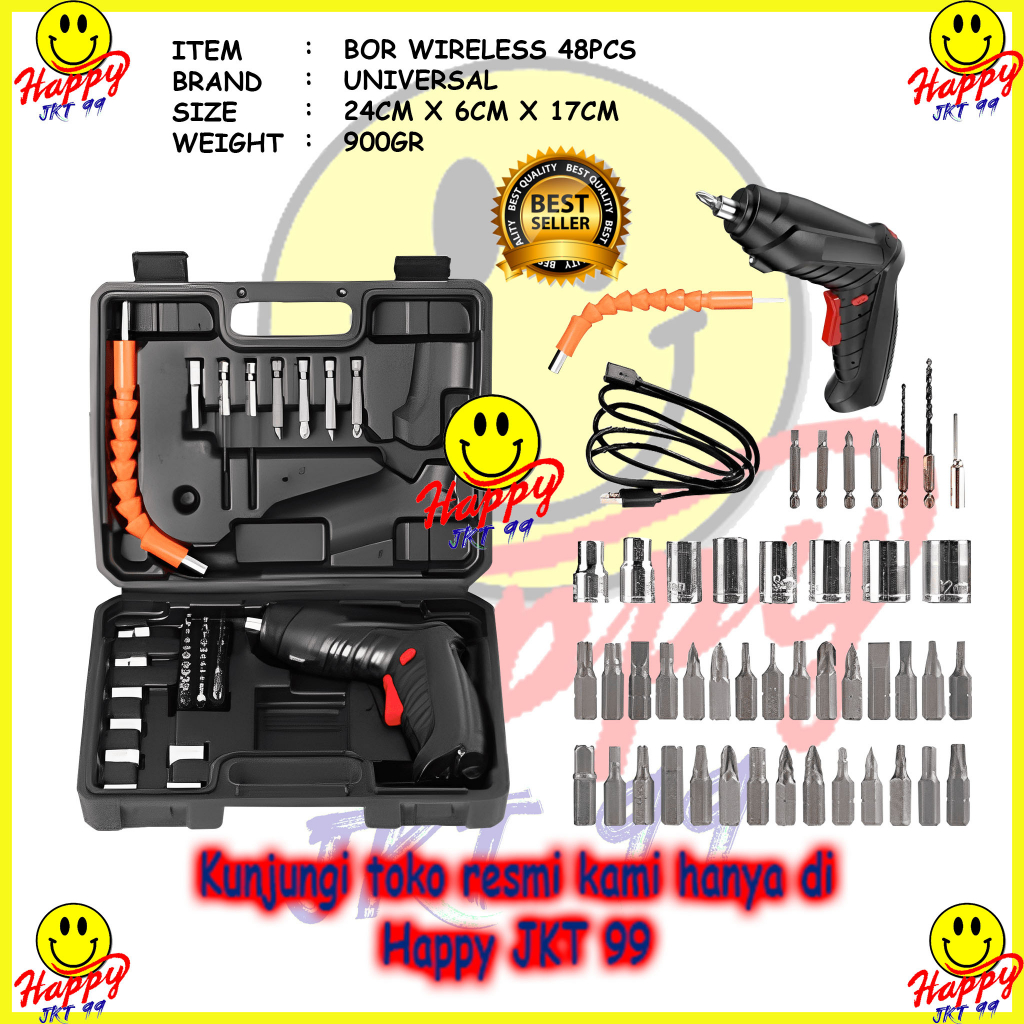 MESIN BOR TANPA KABEL SET OBENG LISTRIK BATERAI CORDLESS SCREWDRIVER DRILL BETON BESI 48PCS