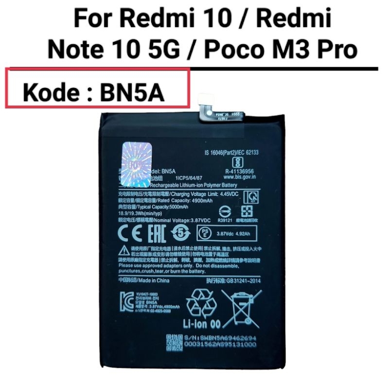 Baterai For Redmi 10 Note 10 5G Pocophone M3 Pro BN5A Original Batre Battery