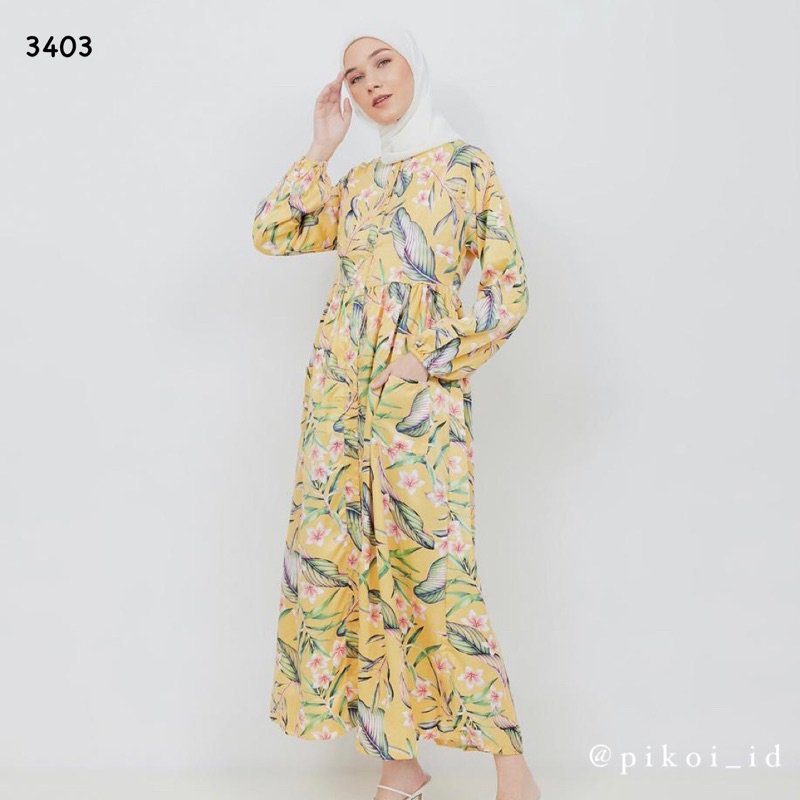 Long dress wanita summer kuning / Dress panjang busui lengan panjang / Maxi dress satin 3403