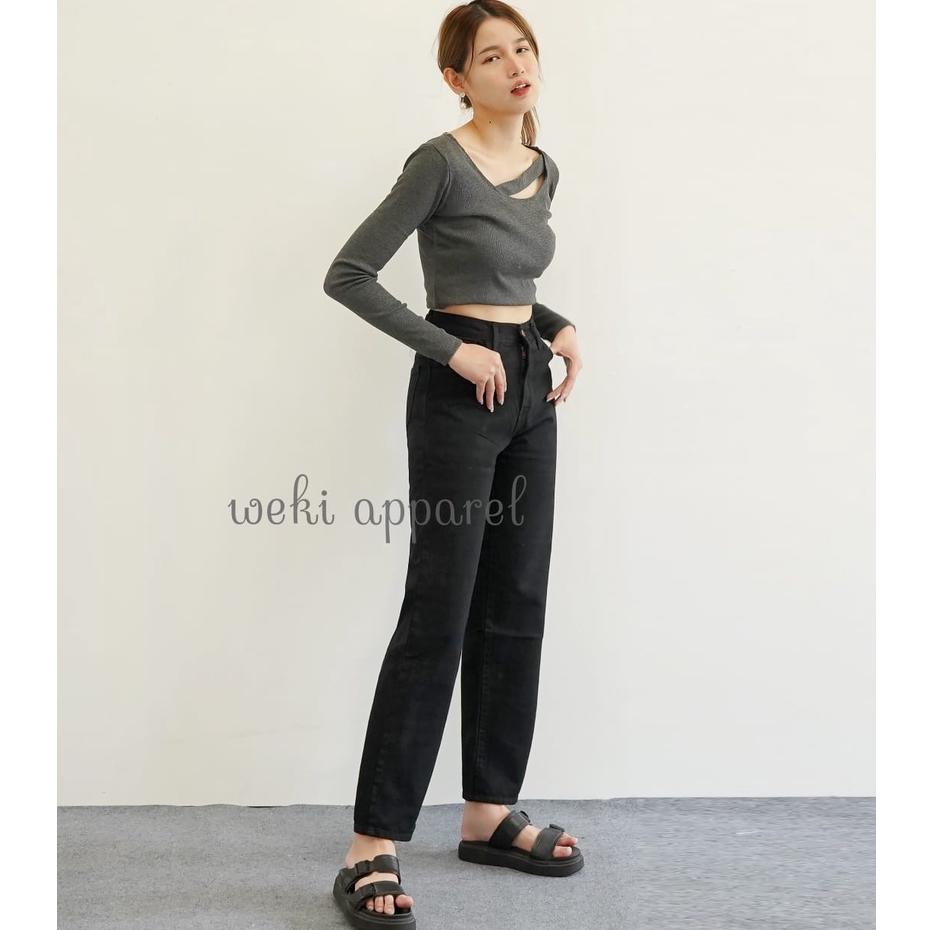 Weki Jeans Boyfriend Black Wanita Straight