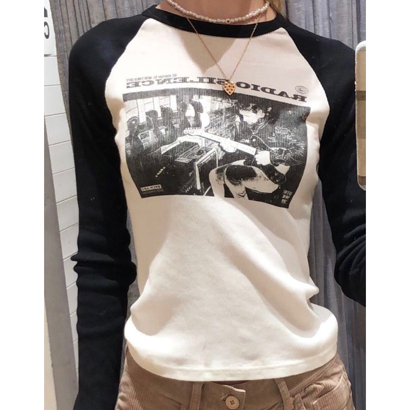 [READY] radio silence korean top baby tee y2k harajuku acubi fashion brandy melville dupe | Korean L