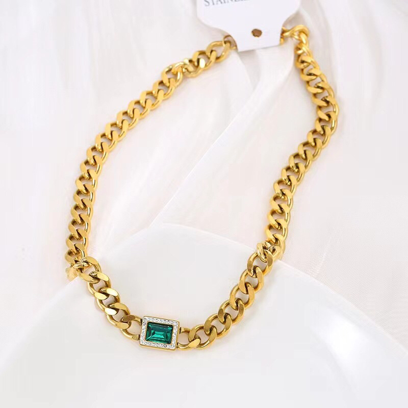 Kalung Titanium Sisik Naga Green Mata Tanam Elegan Korea Fashion Style