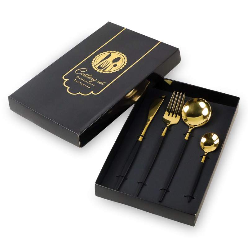 Set Perlengkapan Alat Makan Sendok Garpu Pisau Eropa Korea Western Stainless Stell Black Gold