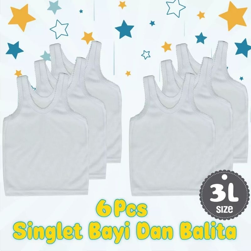 6 pcs Singlet Anak Putih 3L (4-5 tahun)