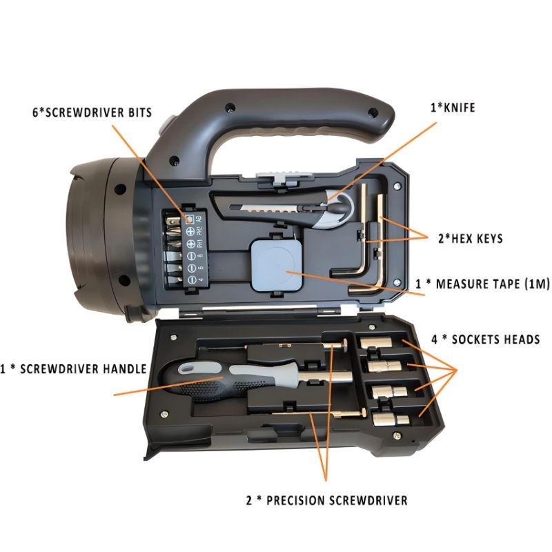 SENTER LED + TOOL KIT SET 17 PCS KUNCI SOCKET ALAT PERKAKAS BENGKEL MULTIFUNGSI SERBAGUNA