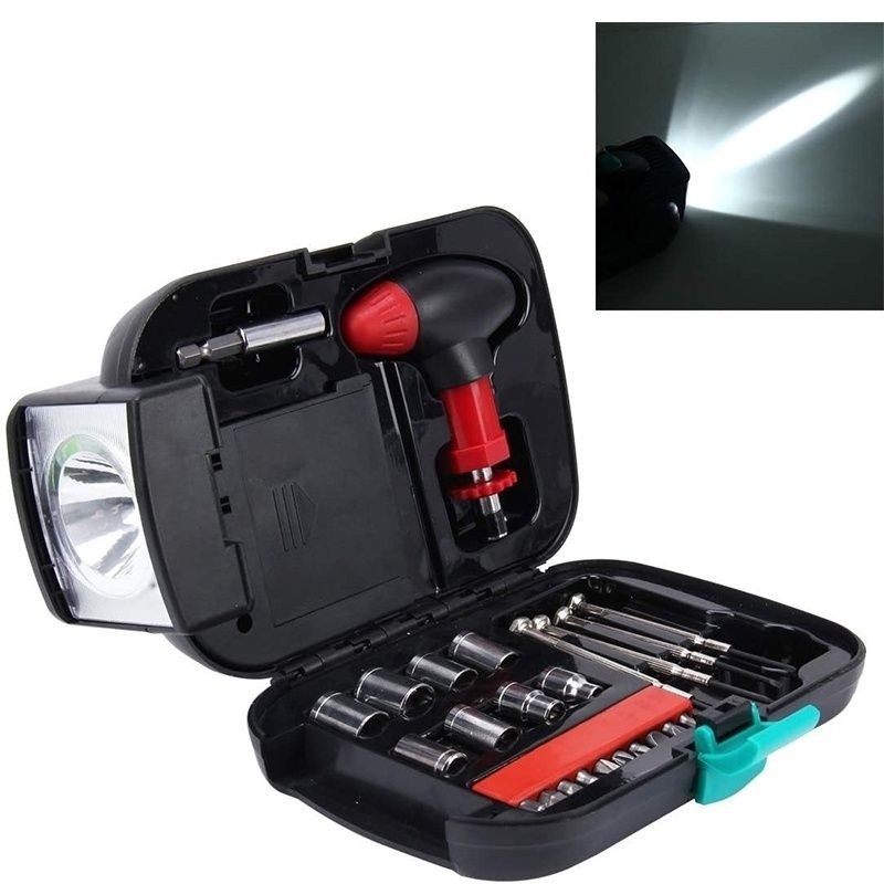 SENTER LED + TOOL KIT SET 24 PCS KUNCI SOCKET ALAT PERKAKAS BENGKEL MULTIFUNGSI SERBAGUNA