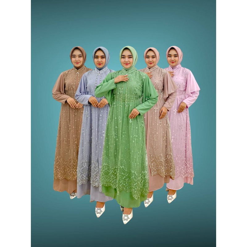 PB Prilly Busana - LAURA SET 3in1 DEWASA - GAMIS SET OUTER TILE BORDIR MUTIARA - GAMIS PESTA