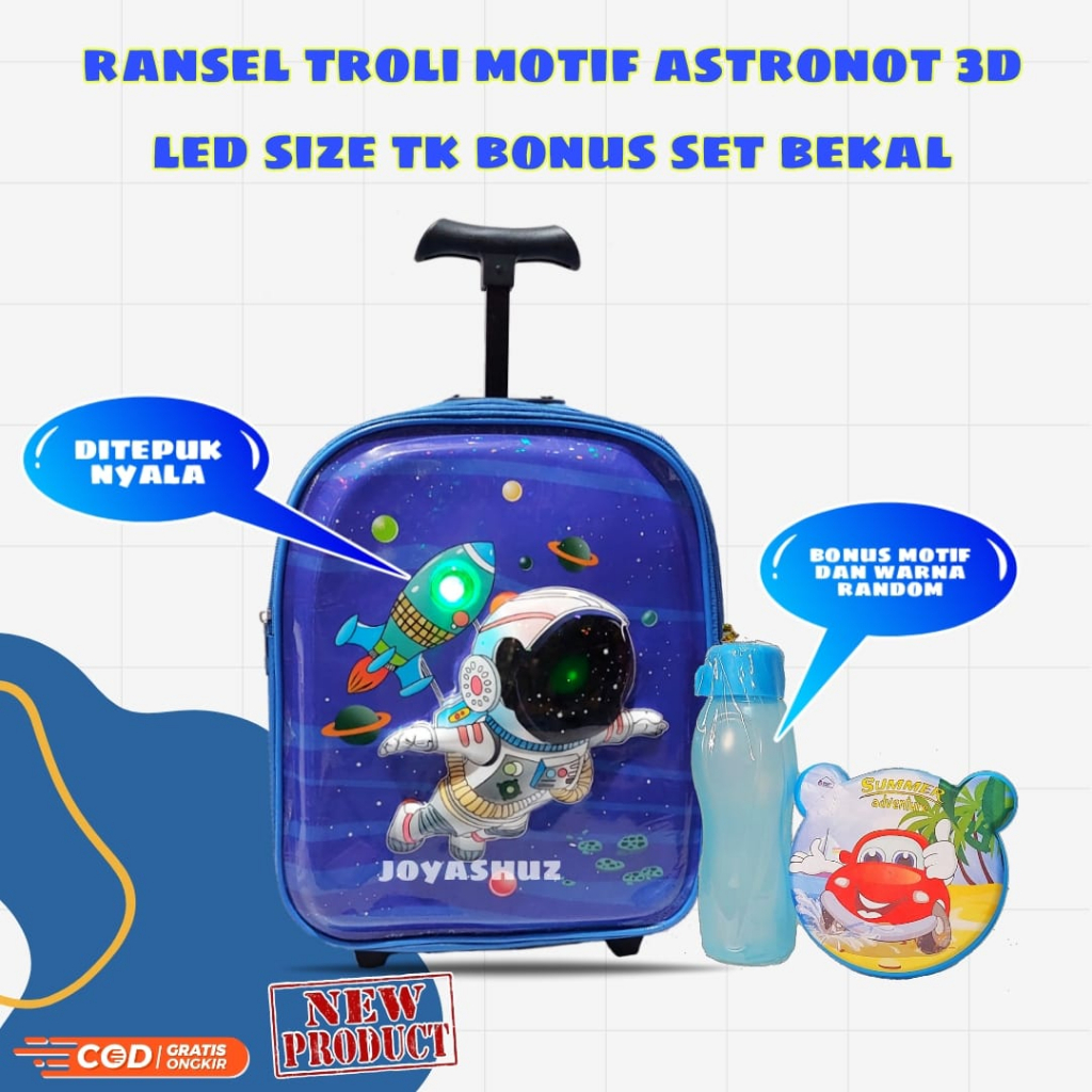 Tas Troli Anak Laki Laki Karakter Astronot Gratis Bonus - Ransel Anak Laki-laki - Ransel Troli Anak SD TK - Troli Astronot  - Tas Gratis Botol -  Tas Sekolah Anak Troli - Astronot Luar Angkasa - Tas Dorong Astro - Joyashuz
