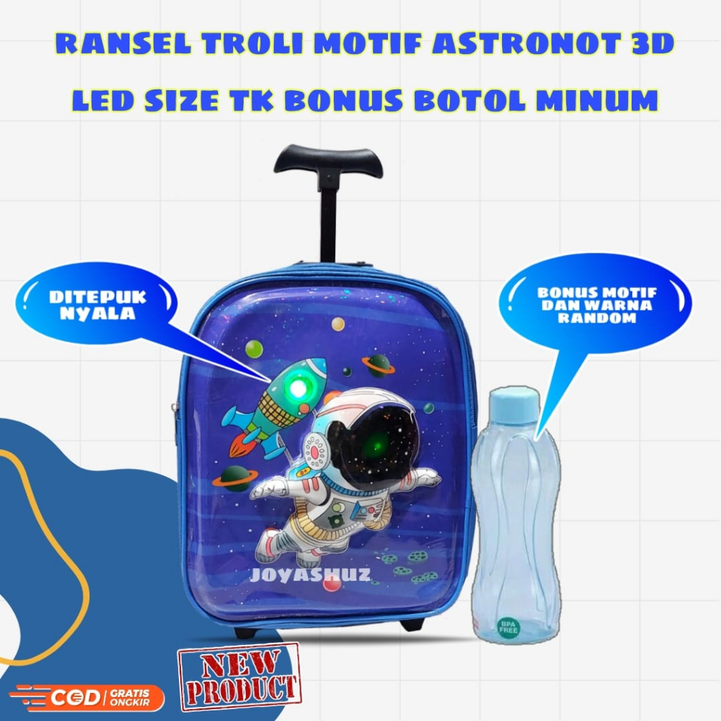 Tas Troli Anak Laki Laki Karakter Astronot Gratis Bonus - Ransel Anak Laki-laki - Ransel Troli Anak SD TK - Troli Astronot  - Tas Gratis Botol -  Tas Sekolah Anak Troli - Astronot Luar Angkasa - Tas Dorong Astro - Joyashuz