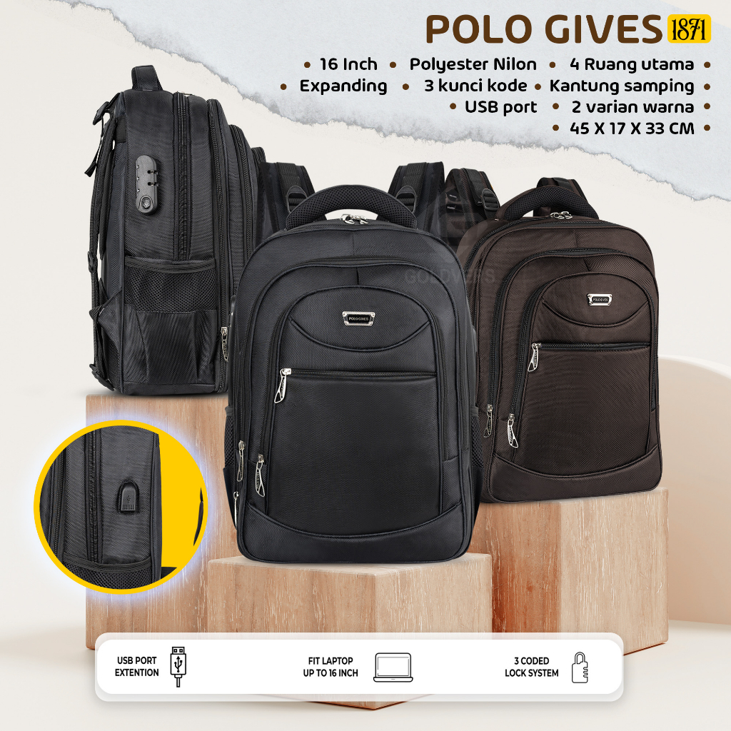 POLO GIVES Tas Ransel Pria 18inc Original Import Free Raincover + Kabel USB