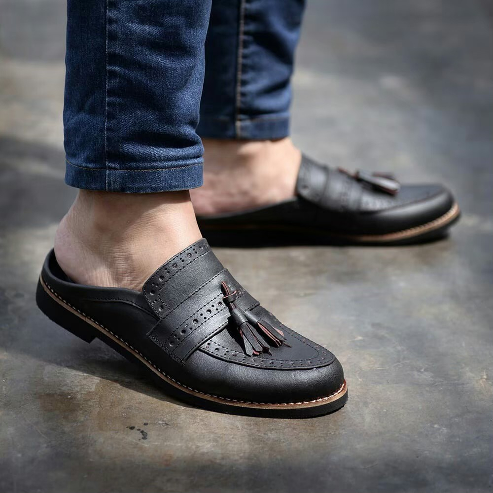 RIONZ MARKES - Sepatu Kulit PU Asli Casual Santai Slip On Pria Mules Slop Tutong Bustong Cowok Dewasa Semi Formal Pria Kantor Pesta Kondangan Gereja Original Murah Trendy Terbaru Terlaris