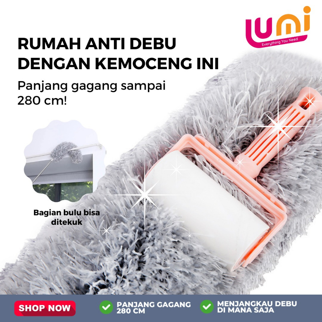 Kemoceng Teleskopik Pembersih Debu Gagang Panjang 2.8 Meter Sapu Microfiber Teleskopik Flexible Bisa Ditarik Ditekuk Alat Kebersihan Adjustable Membersihkan Langit Langit Atap Rumah Plafond Adjustable Deep Cleaning