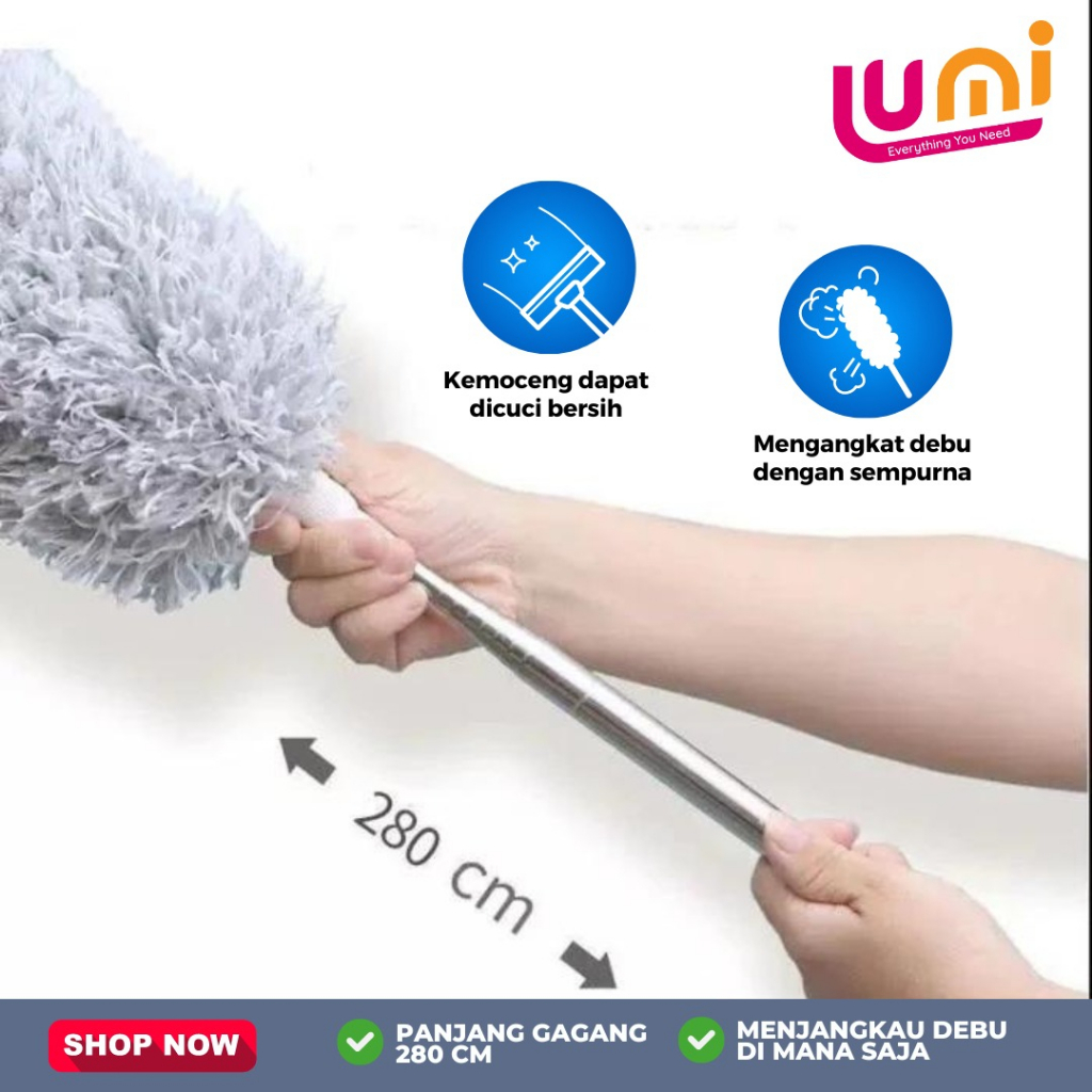 Kemoceng Teleskopik Pembersih Debu Gagang Panjang 2.8 Meter Sapu Microfiber Teleskopik Flexible Bisa Ditarik Ditekuk Alat Kebersihan Adjustable Membersihkan Langit Langit Atap Rumah Plafond Adjustable Deep Cleaning