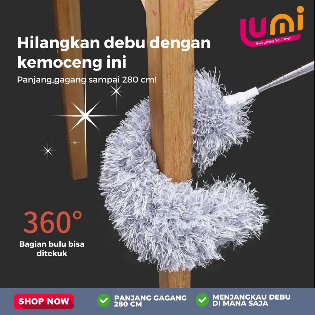 Kemoceng Teleskopik Pembersih Debu Gagang Panjang 2.8 Meter Sapu Microfiber Teleskopik Flexible Bisa Ditarik Ditekuk Alat Kebersihan Adjustable Membersihkan Langit Langit Atap Rumah Plafond Adjustable Deep Cleaning