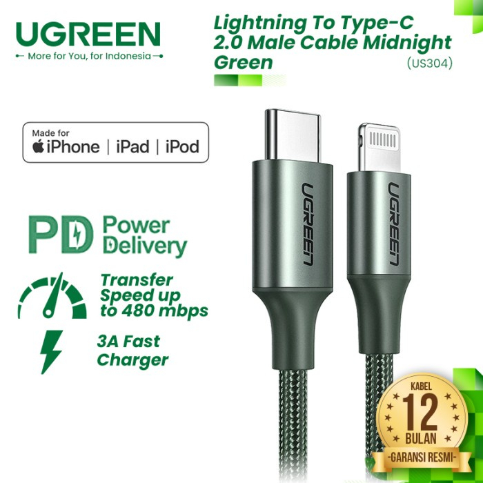 UGREEN Kabel Charger MFI Untuk Iphone 12 13 Pro Max USB C To Lightning Cable Data PD Fast Charging 20W US304