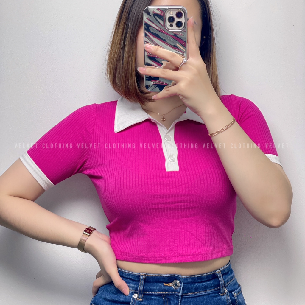 Crop Top Kerah button Knit Rib / Atasan Crop Kerah Wanita / Croptop Collar Knit 4694