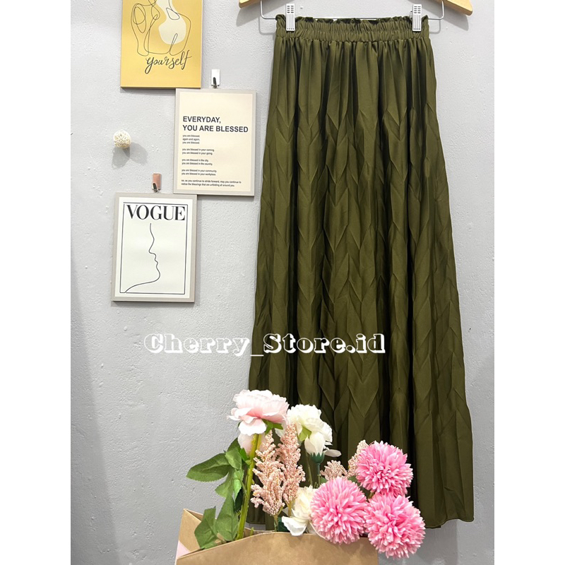 Cherry_KD04 Pleated skirt korean style / rok plisket motif daun padi bahan hyget premium / rok panjang wanita